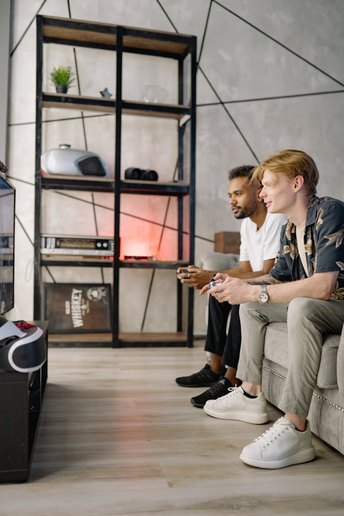 Two friends immersed in a video game, enjoying leisure time at home.